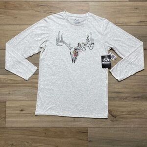 Realtree Womens Floral Cow Skull Graphic Long Sleeve Shirt Size M Oatmeal